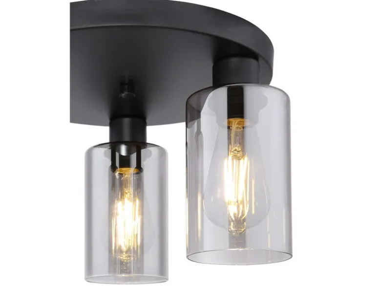LED Deckenleuchte mit 3 Rauchglas Lampenschirmen Metall Schwarz, Ø 34cm