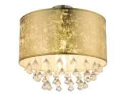 LED Deckenleuchte mit Stoff Lampenschirm Gold & Kristall Behang, Ø 40cm