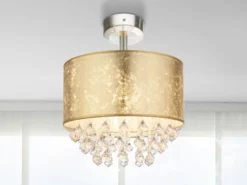 LED Deckenleuchte mit Stoff Lampenschirm Gold & Kristall Behang, Ø 40cm