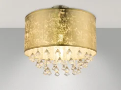 LED Deckenleuchte mit Stoff Lampenschirm Gold & Kristall Behang, Ø 40cm