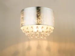 LED Deckenleuchte mit Stoff Lampenschirm Silber & Kristall Behang, Ø 40cm