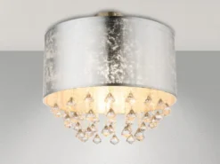LED Deckenleuchte mit Stoff Lampenschirm Silber & Kristall Behang, Ø 40cm