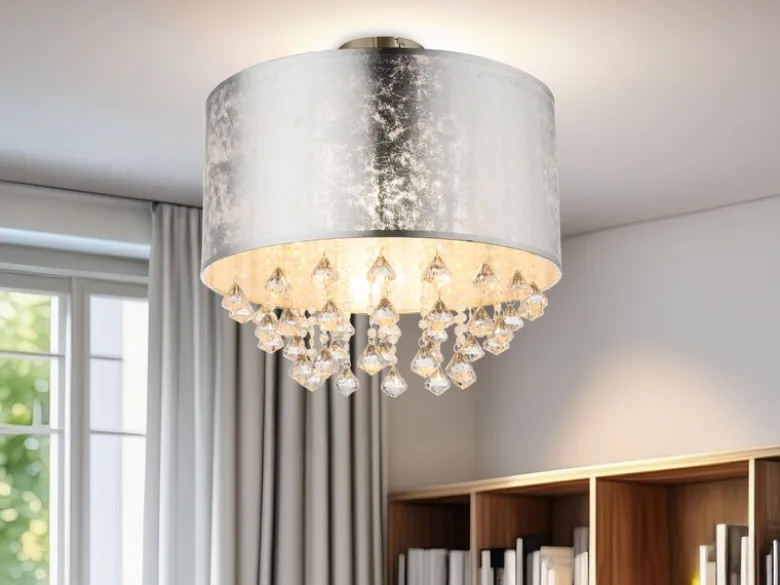 LED Deckenleuchte mit Stoff Lampenschirm Silber & Kristall Behang, Ø 40cm