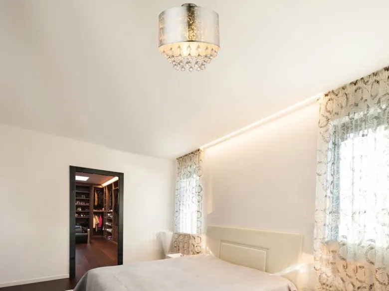 LED Deckenleuchte mit Stoff Lampenschirm Silber & Kristall Behang, Ø 40cm