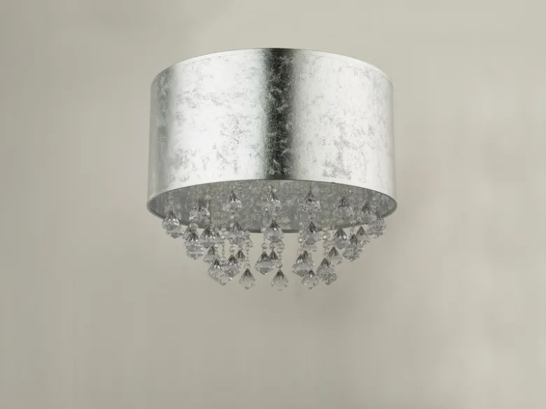 LED Deckenleuchte mit Stoff Lampenschirm Silber & Kristall Behang, Ø 40cm