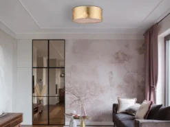 LED Deckenleuchte mit Stoff Lampenschirm goldfarbig, Ø 40cm