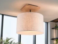 LED Deckenleuchte mit Stoffschirm in Beige und Naturholz Sockel, Ø 36cm