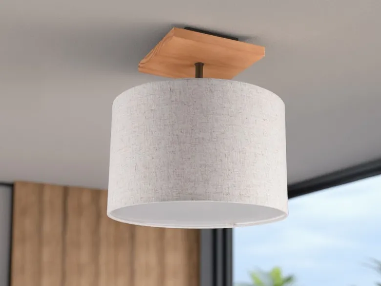 LED Deckenleuchte mit Stoffschirm in Beige und Naturholz Sockel, Ø 36cm