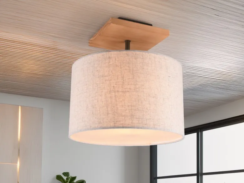 LED Deckenleuchte mit Stoffschirm in Beige und Naturholz Sockel, Ø 36cm