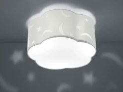 LED Deckenleuchte rund Ø40cm in weiß, Stoffschirm mit Mond + Sternen Motiv