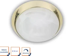 LED Deckenleuchte rund, Glas Alabaster, Dekorring Messing poliert, Ø 35cm