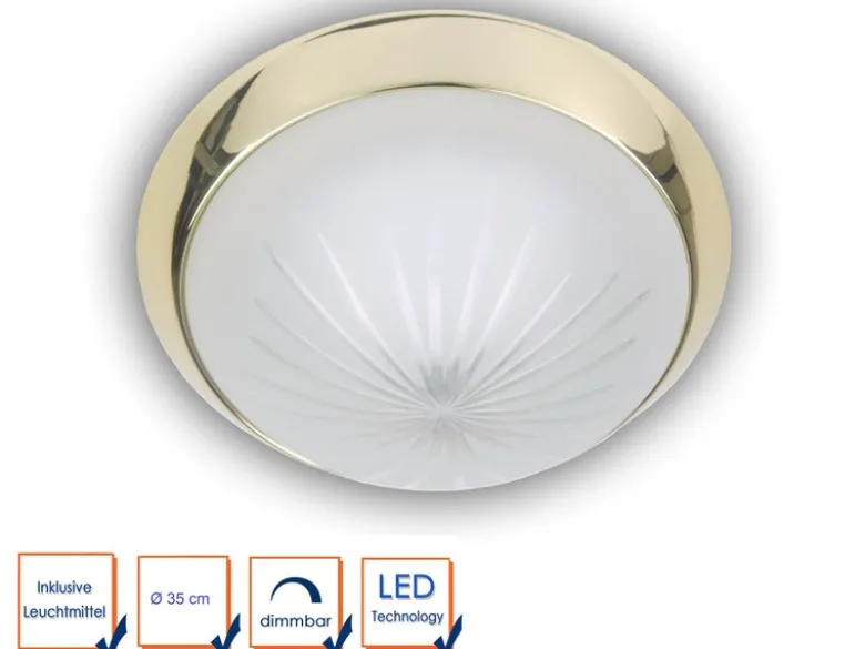 LED-Deckenleuchte rund, Schliffglas satiniert, Dekorring Messing poliert, Ø 35cm