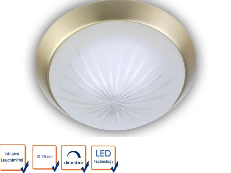 LED-Deckenleuchte rund, Schliffglas satiniert, Dekorring Messing matt, Ø 25cm