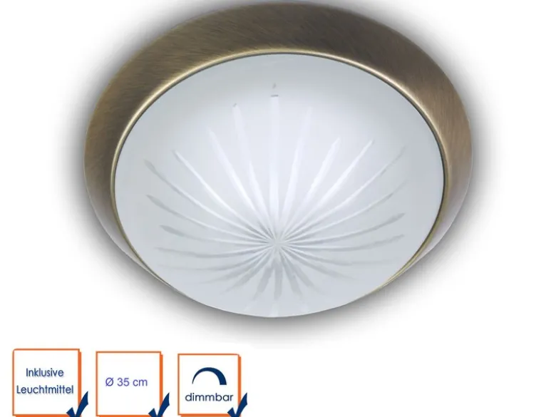 LED Deckenleuchte rund, Schliffglas satiniert, Dekorring Altmessing, Ø 35cm