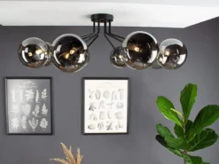 LED Deckenleuchte Schwarz mit 8 Glaskugeln Rauchglas, Breite 88cm