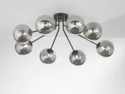 LED Deckenleuchte Schwarz mit 8 Glaskugeln Rauchglas, Breite 88cm