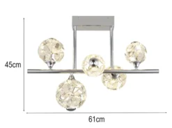 LED Deckenleuchte VIRINA 5-flammig Silber mit Kristall Glaskugeln, Breite 61cm