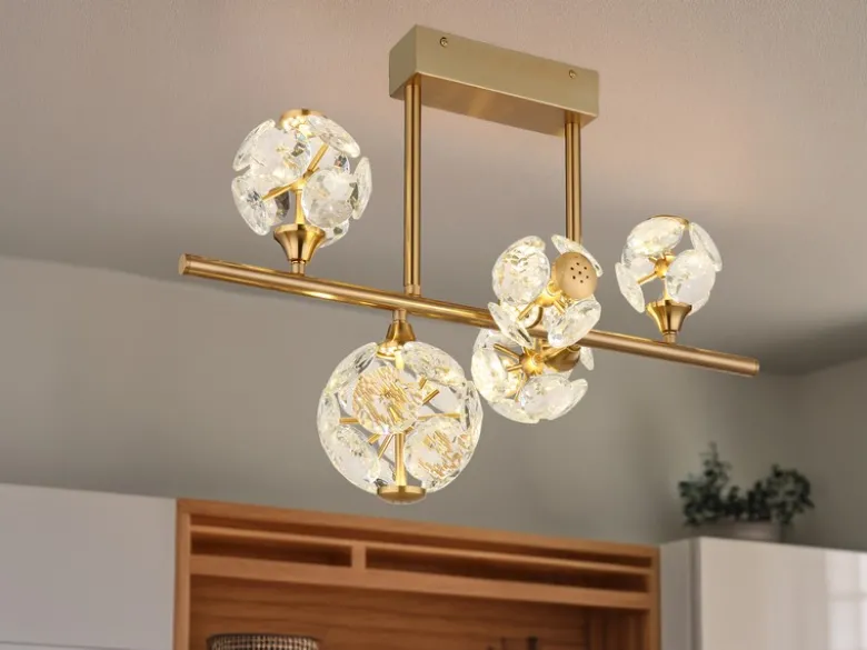 LED Deckenleuchte VIRINA 5-flammig Gold mit Kristall Glaskugeln, Breite 61cm