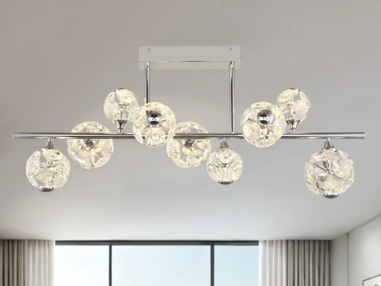 LED Deckenleuchte VIRINA 9-flammig Silber mit Kristall Glaskugeln, Breite 101cm