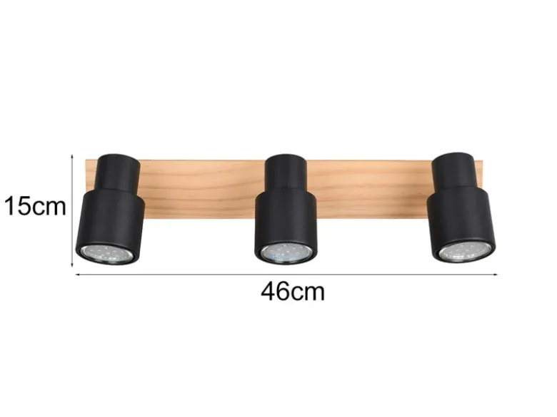 LED Deckenstrahler 3-flammig aus Metall in Schwarz mit Holz, Breite 46cm