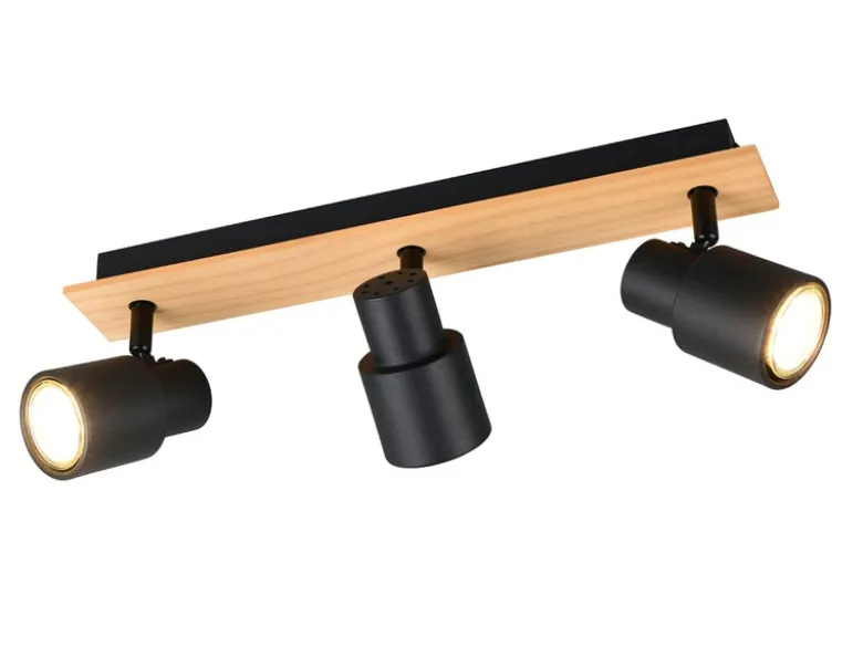 LED Deckenstrahler 3-flammig aus Metall in Schwarz mit Holz, Breite 46cm