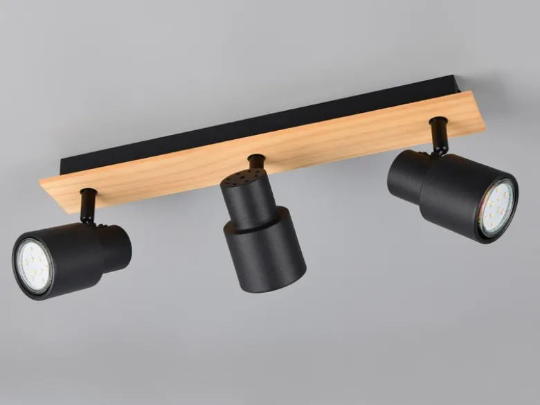 LED Deckenstrahler 3-flammig aus Metall in Schwarz mit Holz, Breite 46cm