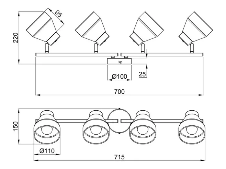 LED Deckenstrahler 4-flammig aus Metall Weiß innen Gold, Breite 71cm