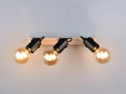 LED Deckenstrahler 3-flammig aus Metall Schwarz mit Naturholz, Breite 42cm