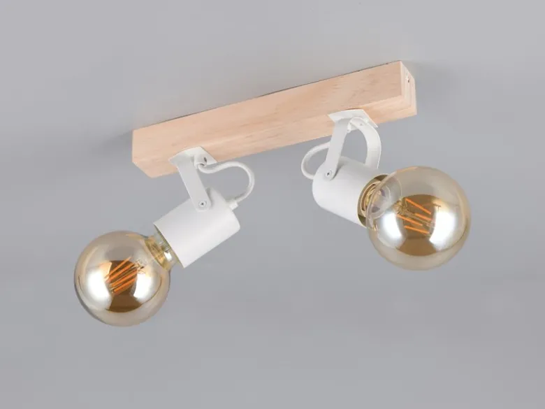 LED Deckenstrahler 2-flammig aus Metall Weiß mit Naturholz, Breite 31cm