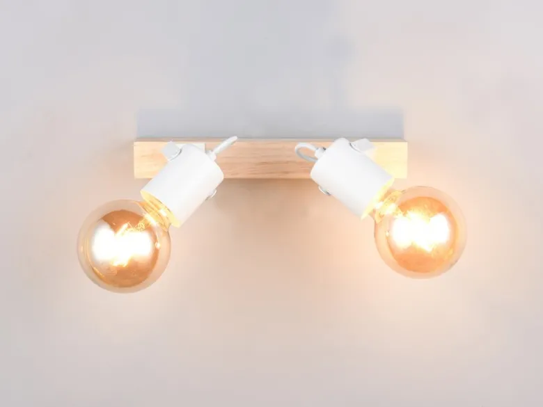 LED Deckenstrahler 2-flammig aus Metall Weiß mit Naturholz, Breite 31cm