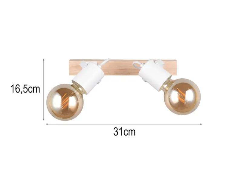LED Deckenstrahler 2-flammig aus Metall Weiß mit Naturholz, Breite 31cm