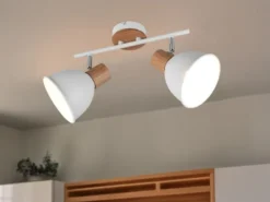 LED Deckenstrahler 2-flammig aus Metall in Weiß & Holzoptik, Breite 49cm