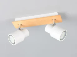 LED Deckenstrahler 2-flammig aus Metall in Weiß mit Holz, Breite 31cm