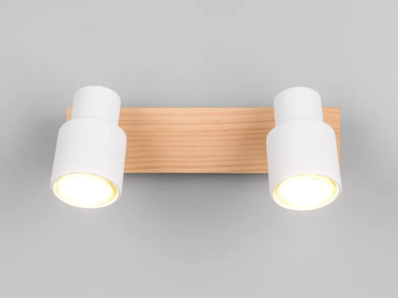 LED Deckenstrahler 2-flammig aus Metall in Weiß mit Holz, Breite 31cm