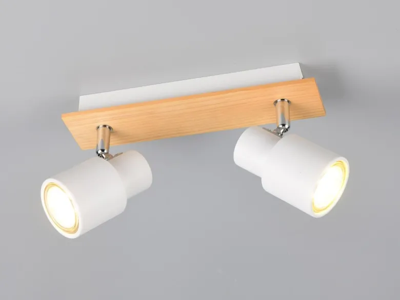 LED Deckenstrahler 2-flammig aus Metall in Weiß mit Holz, Breite 31cm