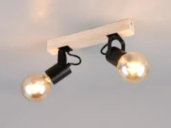 LED Deckenstrahler 2-flammig aus Metall Schwarz mit Naturholz, Breite 31cm