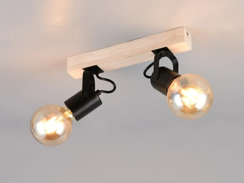 LED Deckenstrahler 2-flammig aus Metall Schwarz mit Naturholz, Breite 31cm