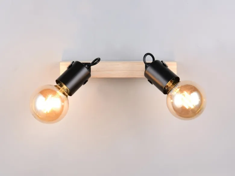 LED Deckenstrahler 2-flammig aus Metall Schwarz mit Naturholz, Breite 31cm