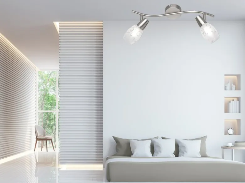 LED Deckenstrahler 2-flammig dimmbar, Silber mit Dekorglas, Breite 39cm