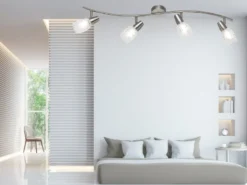 LED Deckenstrahler 4-flammig dimmbar, Silber mit Dekorglas, Breite 79cm