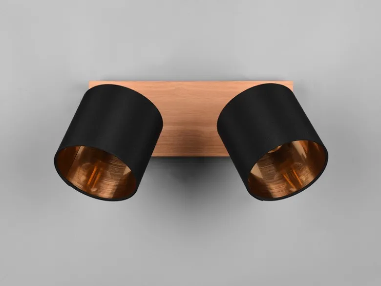 LED Deckenstrahler 2-flammig Holz, Stoffschirme Schwarz Gold, Breite 28cm