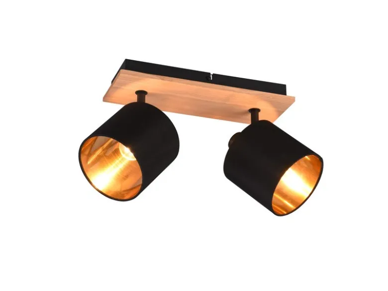 LED Deckenstrahler 2-flammig Holz, Stoffschirme Schwarz Gold, Breite 28cm