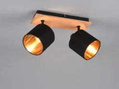 LED Deckenstrahler 2-flammig Holz, Stoffschirme Schwarz Gold, Breite 28cm