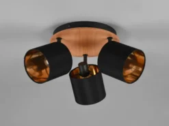 LED Deckenstrahler 3-flammig Holz & Stoffschirme Schwarz Gold, Ø 25cm