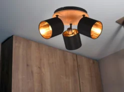LED Deckenstrahler 3-flammig Holz & Stoffschirme Schwarz Gold, Ø 25cm