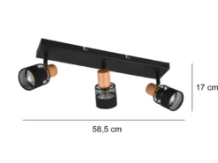 LED Deckenstrahler 3-flammig, Holz & Draht-Stoff Lampenschirm, Breite 58,5cm