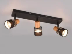 LED Deckenstrahler 3-flammig, Holz & Draht-Stoff Lampenschirm, Breite 58,5cm