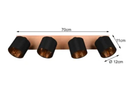 LED Deckenstrahler 4-flammig Holz, Stoffschirme Schwarz Gold, Breite 70cm