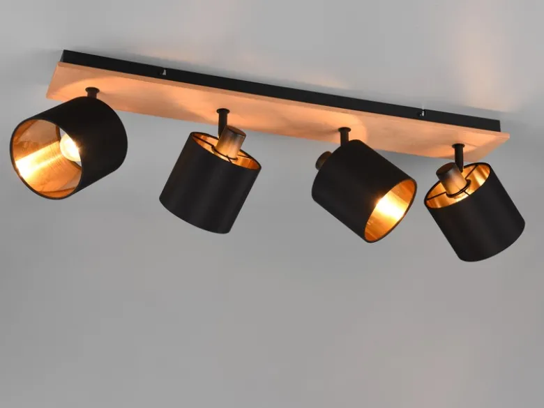 LED Deckenstrahler 4-flammig Holz, Stoffschirme Schwarz Gold, Breite 70cm