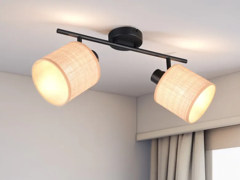LED Deckenstrahler 2-flammig mit Lampenschirmen aus Bast, Breite 42cm